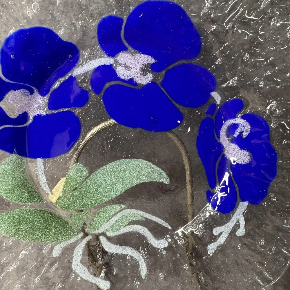 Sydenstricker Art Fused Glass Round Clear Plate Blue Orchids